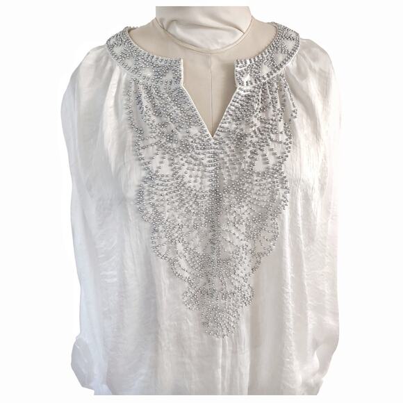 White Ponch Style Blouse by BLACK Boho Top w/ Silver Beads Goddess Festival Sz M - Picture 6 of 9